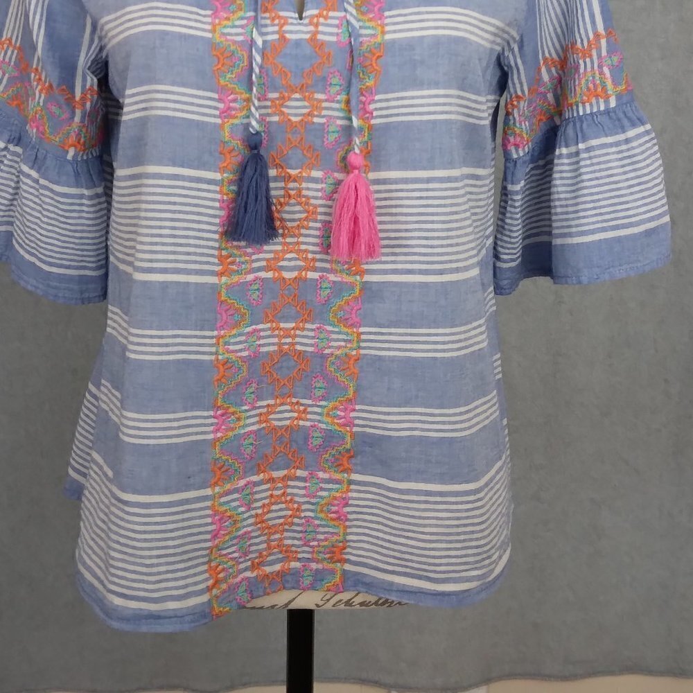 THML | Embroidered Striped Boho Cotton Top Blue White | Size M - Picture 3 of 10
